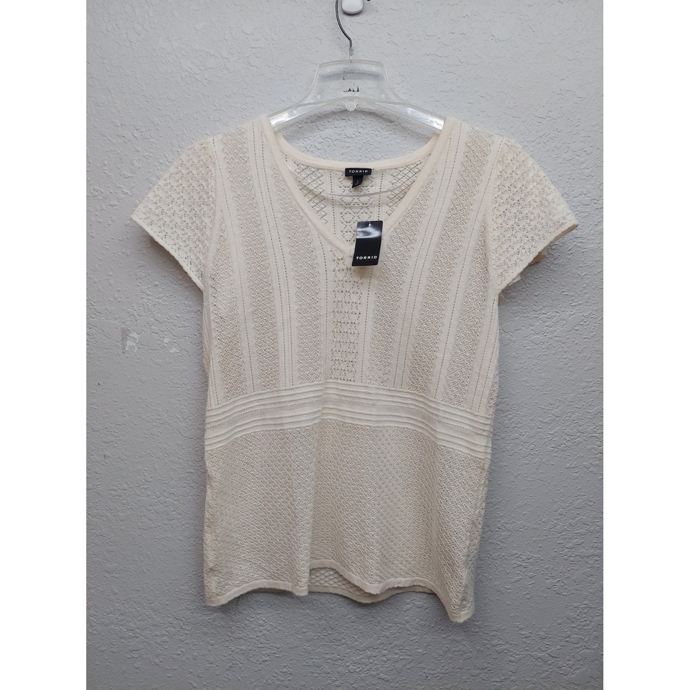 Torrid Sweater Women 2X Beige Short Flutter Sleeve Open Knit Pointelle VNeck NWT